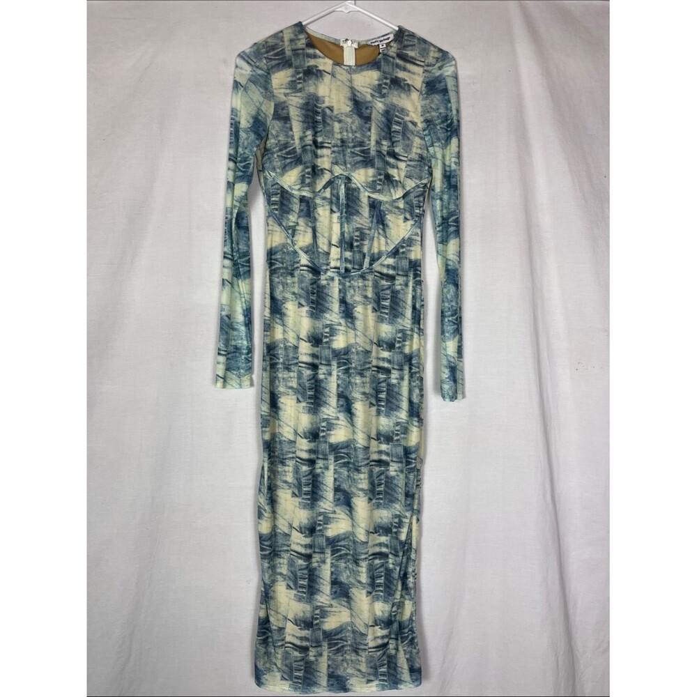 NWT Pretty Garbage Blue Abstract Corseted Maxi Dress with Long Sleeves